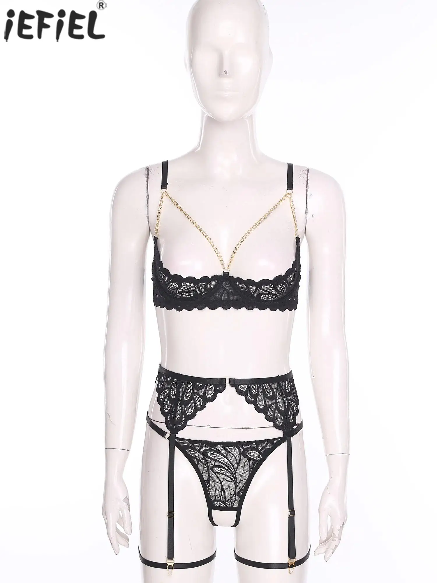 

Women Adults Alluring Tempting Bra Sets Chest Open Cup T-back Thong Waist Belt with Garters And Thigh Bands Erotic Nightwear Set