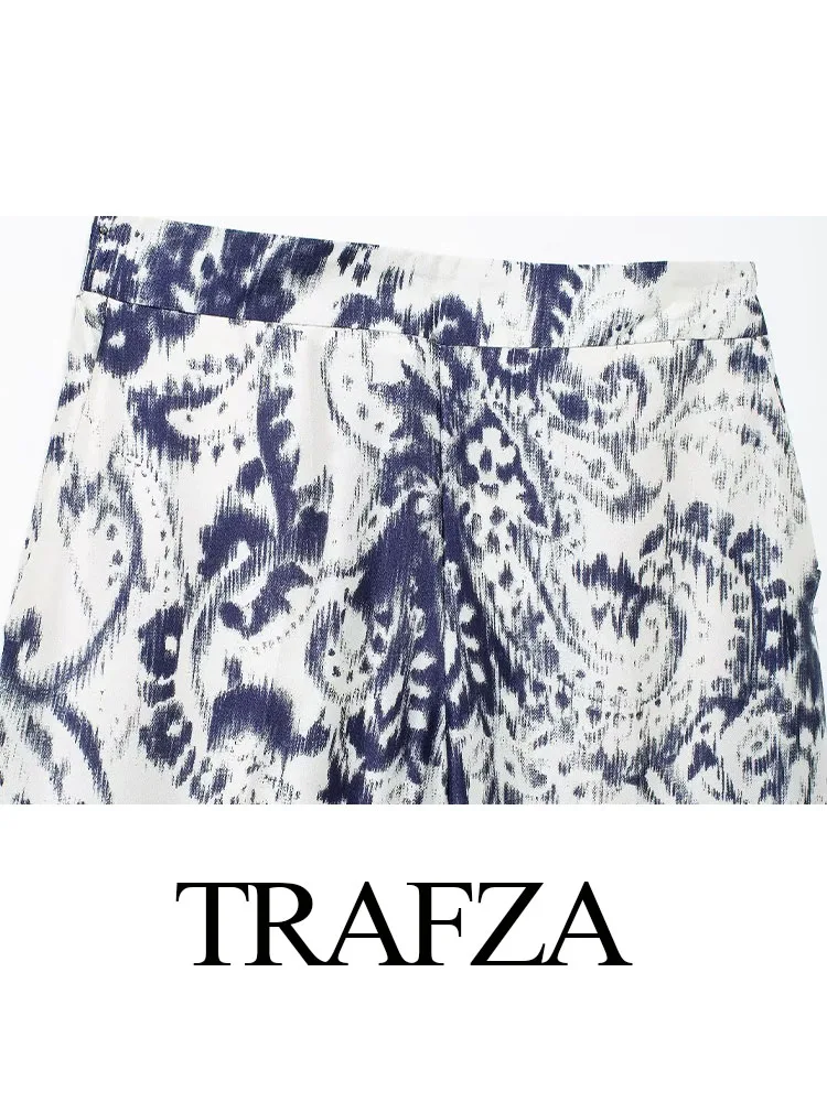 TRAFZA Women Summer Split Design Printing 2-Piece Set Turn Down Collar Shirt+High Waist Vintage Pockets Zipper Wide Leg Pant