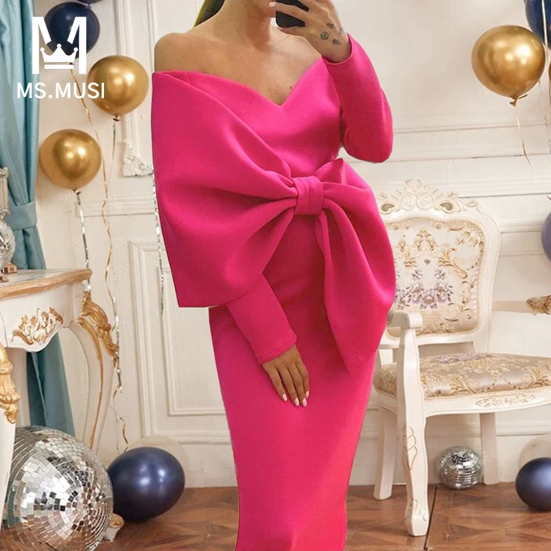 

MSMUSI 2023 New Fashion Designer Women Sexy Off The Shoulder Big Bow Draped Fold Long Sleeve Bodycon Party Club Event Midi Dress