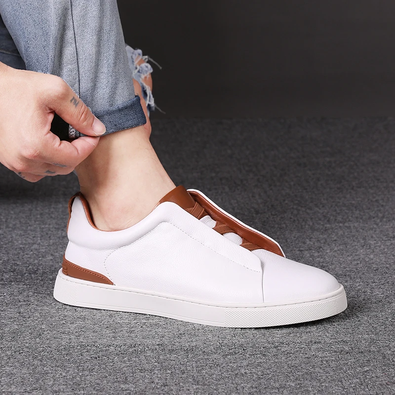 Original White Urban Man Sneakers Fashion Elastic Comfortable Leather Casual Shoes for Men Trend Flat Non-slip Men's Skate Shoes