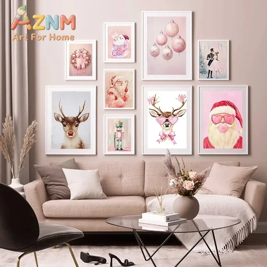 Nordic Pink Winter Christmas Theme Poster Printing Fairytale-Style Reindeer Santa Claus Sentry Home Decor Creative Gifts