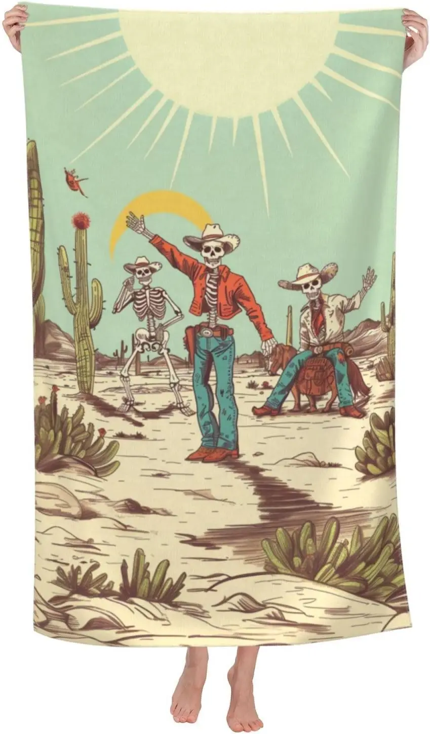 Retro Western Skeleton Beach Towel, 32x52in Microfiber Quick Dry Fun Cowboy Desert Cacti Vintage Bath Towels, Soft Lightweight