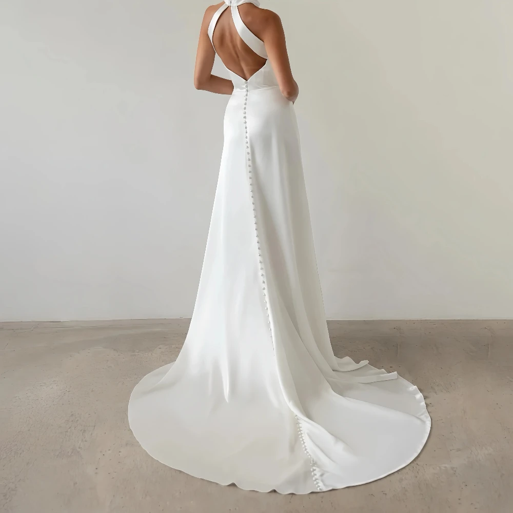 Customized Minimalist Satin Wedding Dress Halter Neck Sleeveless Open Back Mermaid Bridal Gown Floor-Length Wedding Dress