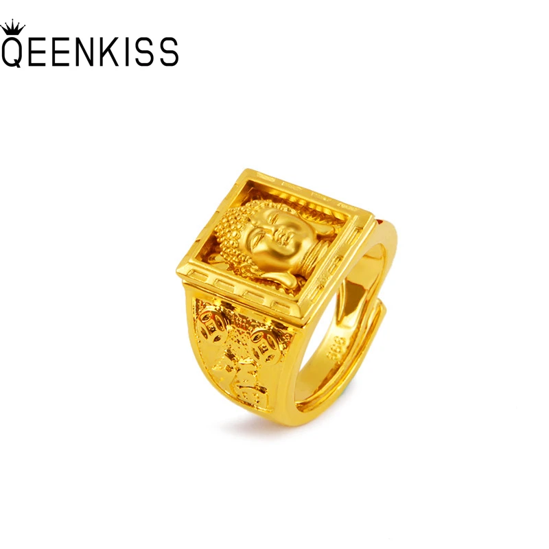 QEENKISS 24KT Gold The Buddha Ring For Men Vintage Adjustable Ring Fine Wholesale Jewelry Wedding Party Groom Father Gift RG5172