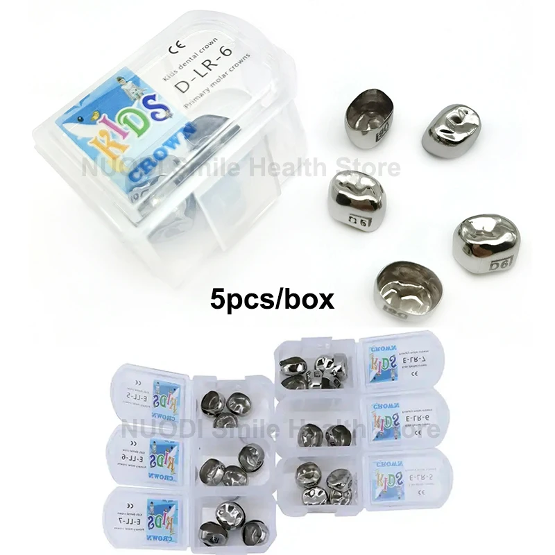 5Pcs/Box Dental Kids Primary Molar Crown Refill Stainless Steel Pediatric Crowns Upper/Lower Right/Left D2-D7/E2-E7 1st 2nd