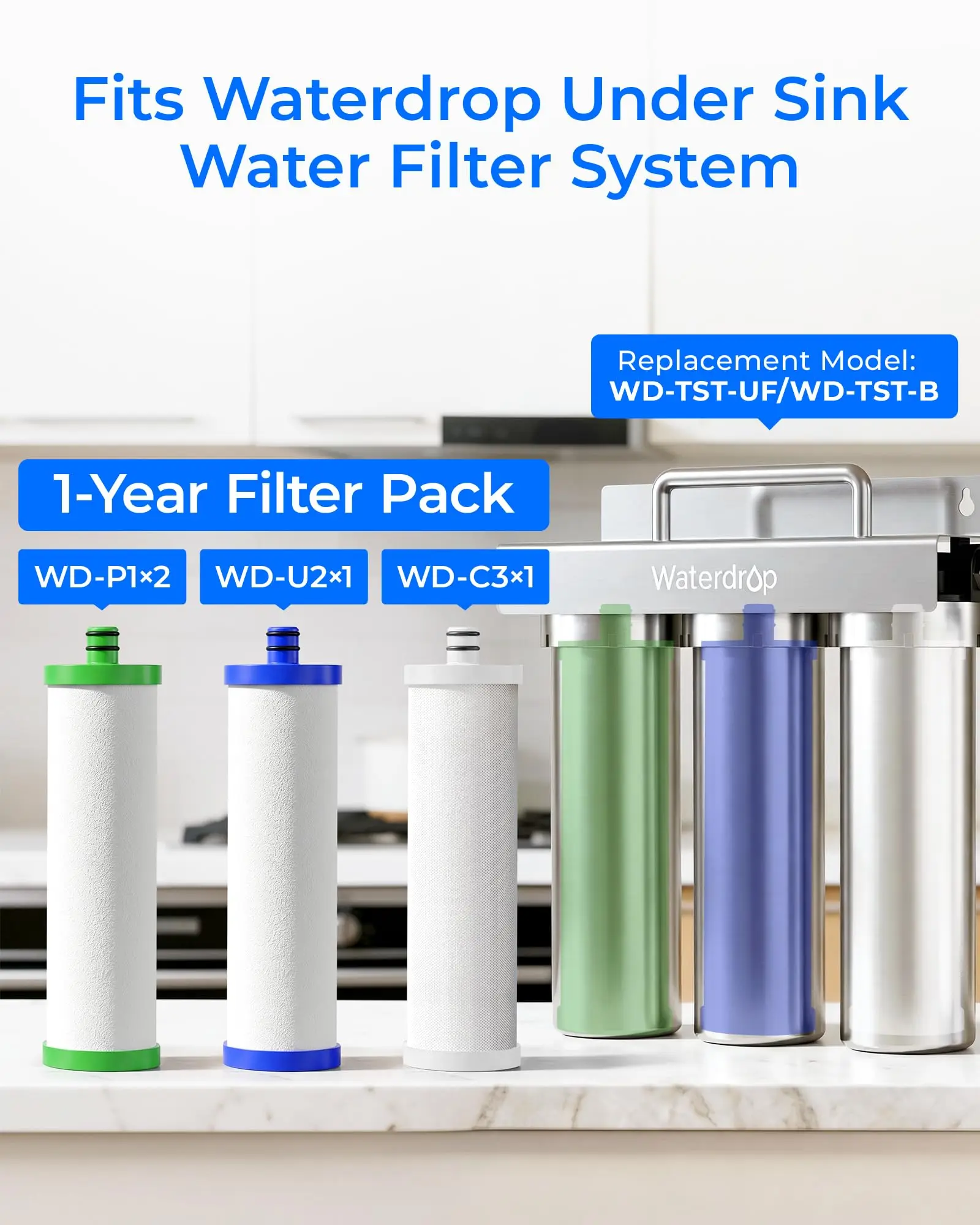Waterdrop 2P1U2C3 Replacement Filter For TST-UF, 1-Year Replacement Pack, Replacement for Waterdrop TST-UF & TST-B 3-Stage Under Sink Water Filtration System, 4 Filters (2 x P1, 1 x U2, 1 x C3)