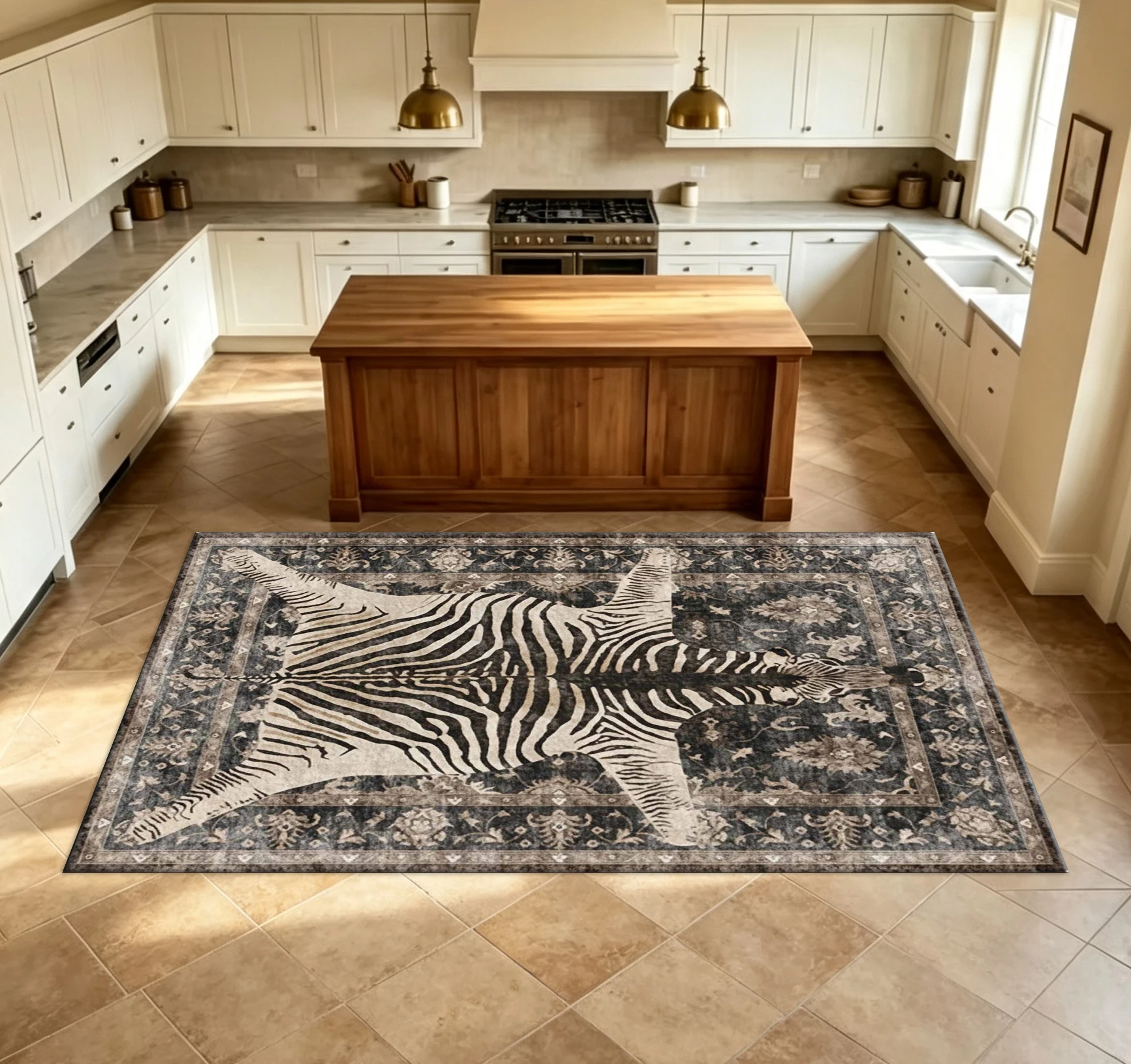 Vintage Zebra Animal Pattern Rug Dark Floral Border Carpet Retro Safari Style Floor Mat Indoor Home Decor Suitable for Living Room Bedroom