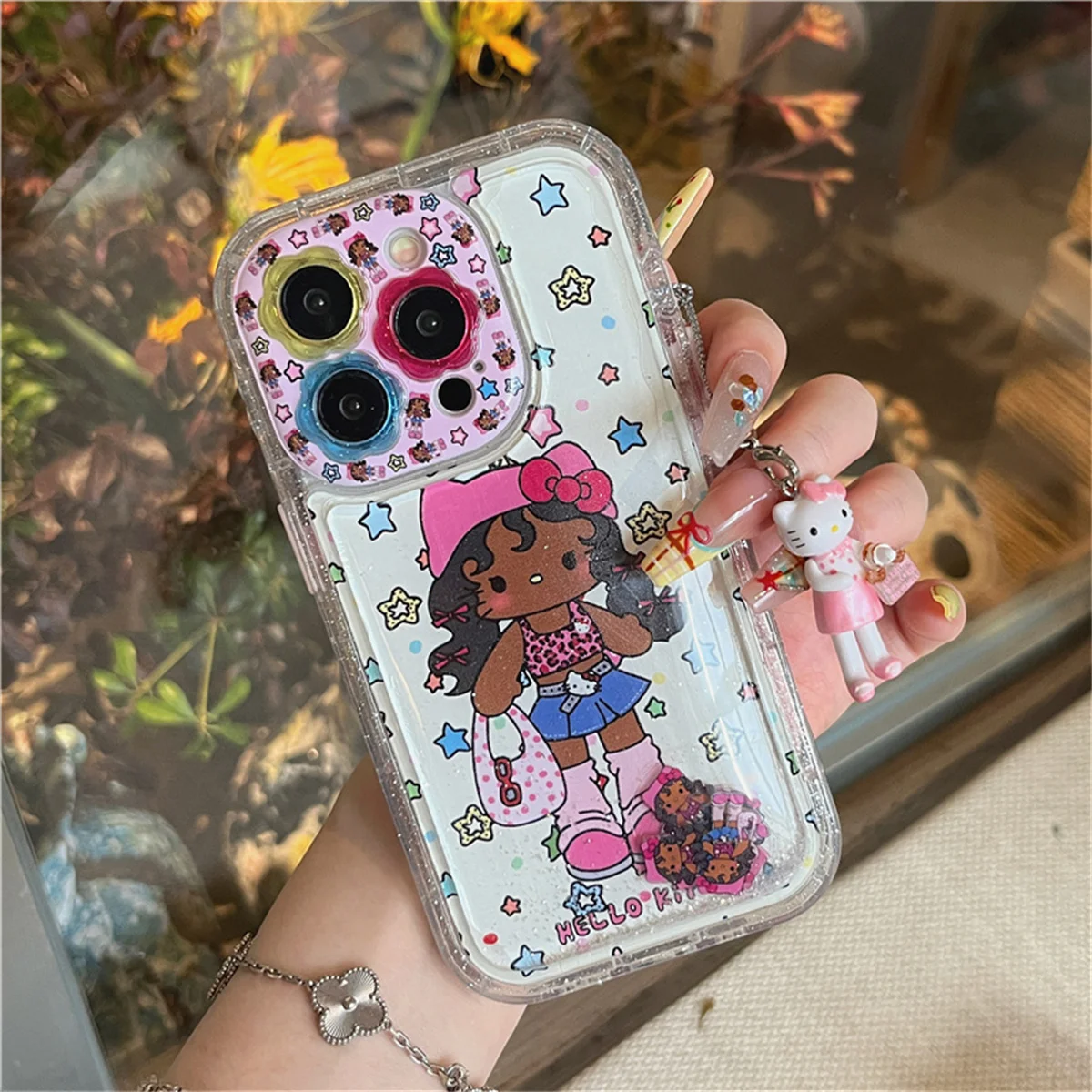 

Korean Clear Glitter Star Hellokitty Girl Phone Case For iPhone 16 Pro 14 15 Pro Max Back Cover with Pendant Cute Cases