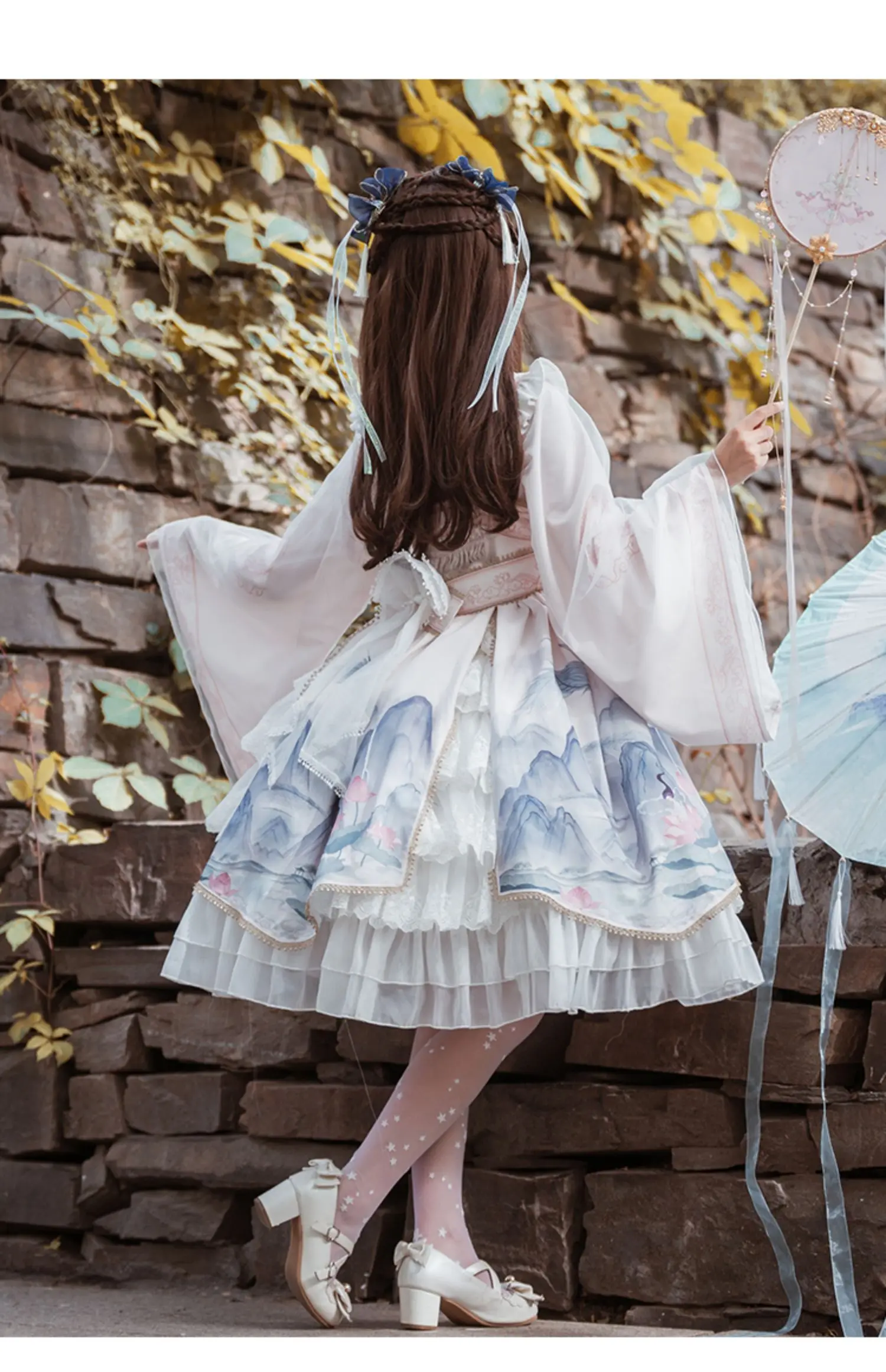 봄 새로운 긴 소매 중국어 이동식 허리 인감 로리타 드레스 소녀 귀여운 활 플레어 슬리브 높은 허리 무릎 길이 드레스