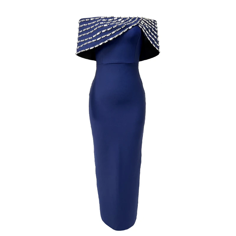 Nieuwe blauwe kleur vrouwen sexy slash hals uit de schouder stralende kristallen bodycon lange bandage jurk elegante avondfeest outfit