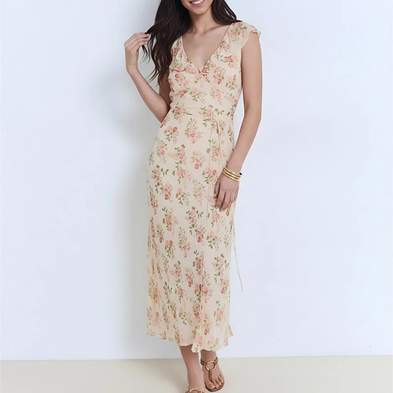 

2026 Spring New Women's Fashion Casual V-neck Floral Lace-up Slim-fit Long Dress
