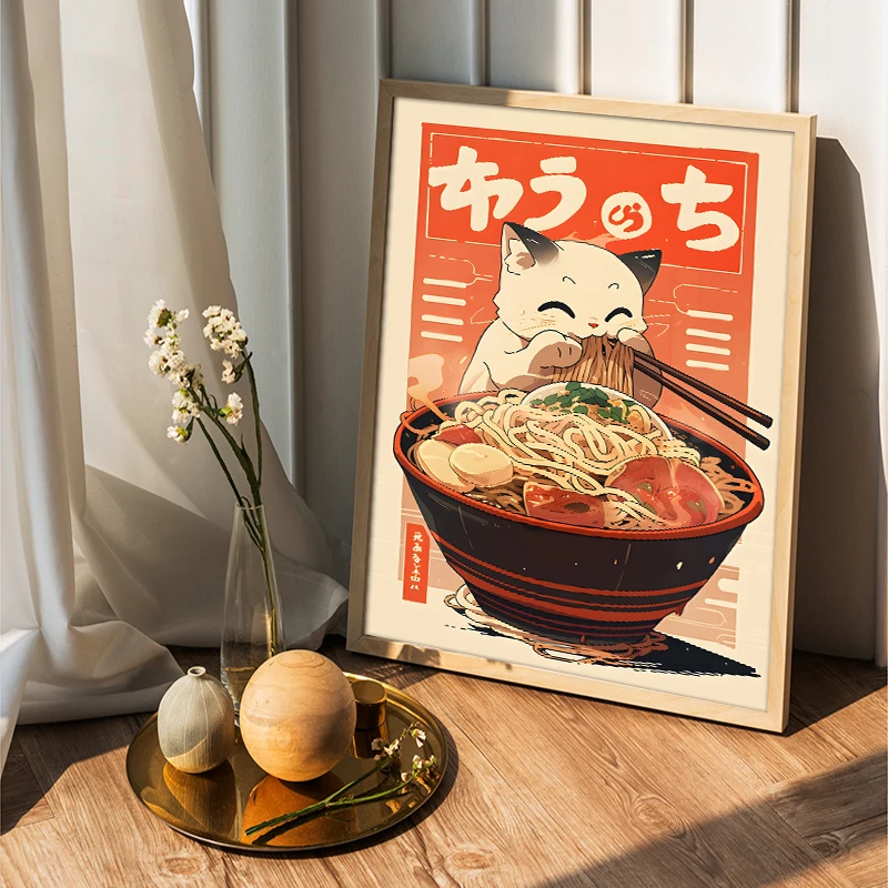 Kawaii Japanese Ramen Animal Cats Posters Canvas Paintings and Prints Noodles Food Wall HD Pictures For Kitchen Room Home Decor