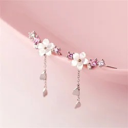 Korean Romantic Cherry Blossoms Flower Tassel Earrings For Women Girls Sweet Pink Zircon Shell Flower Earring Wedding Jewelry