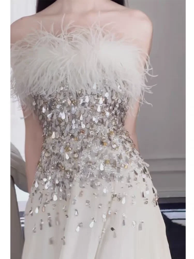 Customized Strapless Fluffy Ostrich Feather Neckline Gradient Sequins Evening Dress Draped Chiffon A-Line Floor Length Banquet