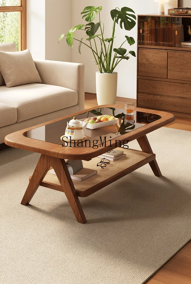 FG طاولة القهوة الخشبية الصلبة غرفة المعيشة المنزلية طاولة شاي الروطان الراقية شقة صغيرة شرفة طاولة شاي