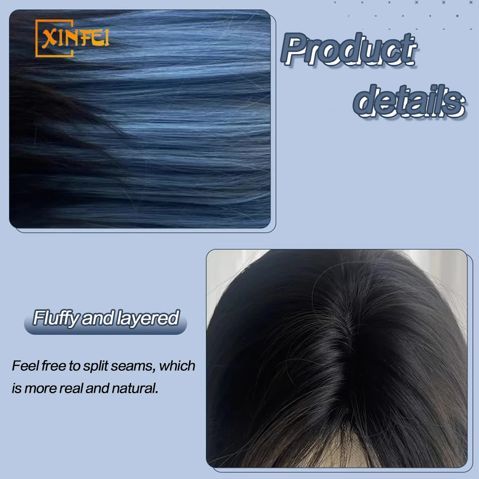 Synthetic Black And Blue Wolf Tail Wig Female Long Hair Summer Blue Highlighted Jellyfish Mullet Head Long Straight Hair Cos Wig