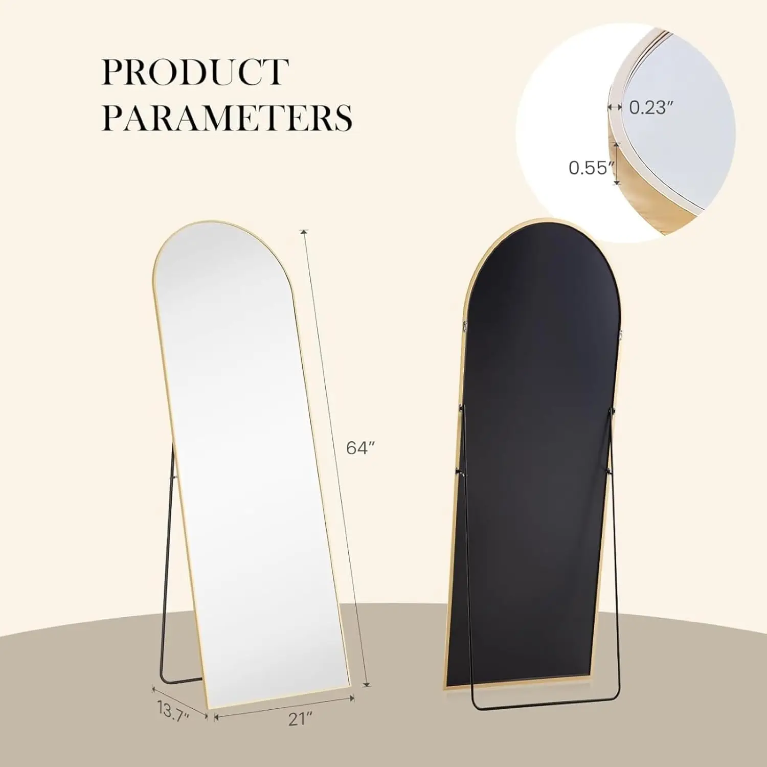 Miroir sur pied pleine longueur, cadre en aluminium 64x21, miroir de chambre à coucher et de salle de bain pour la décoration murale