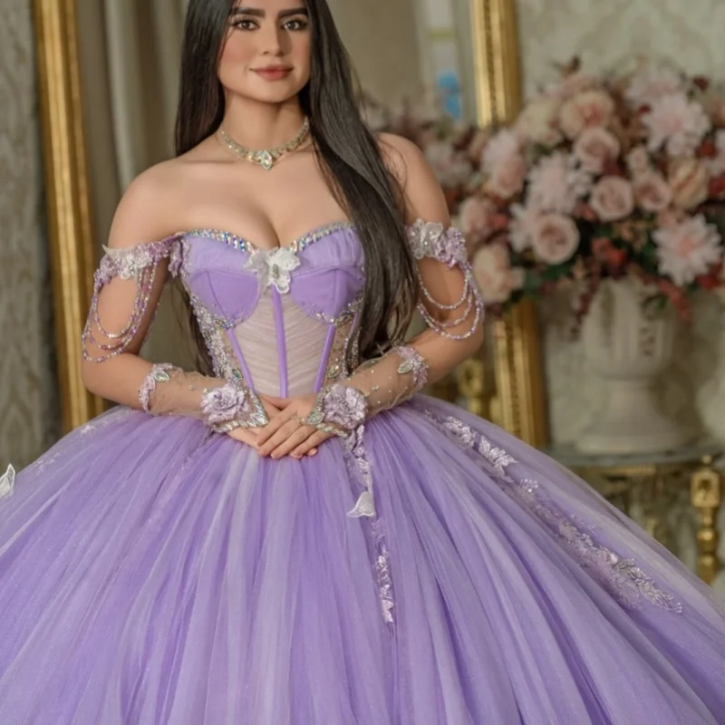 

Lavender Quinceanera Dress off-shoulder Glitter Crystal Flower Decal Long tail vestidos de 15 Quinceanera ﻿Customize