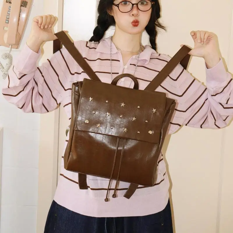 American New Original Retro Patent Leather Shiny Surface Large Capacity Drawstring Sun Moon Star Metal Rivet Decoration Backpack