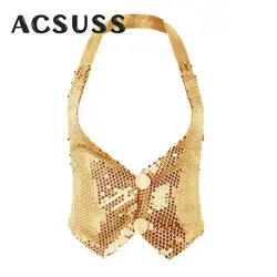 Women Shiny Sequins Waistcoat Vest Halter Neck Backless Crop Top Latin Jazz Dance Tank Top Clubwear Carnival Performance Costume
