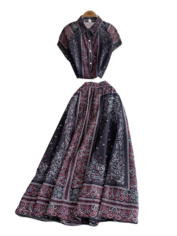 

Retro Print Casual Loose Versatile Single Button Collar irt Two Piece Set High Waist Slimming f Skirt Faionable Women'...