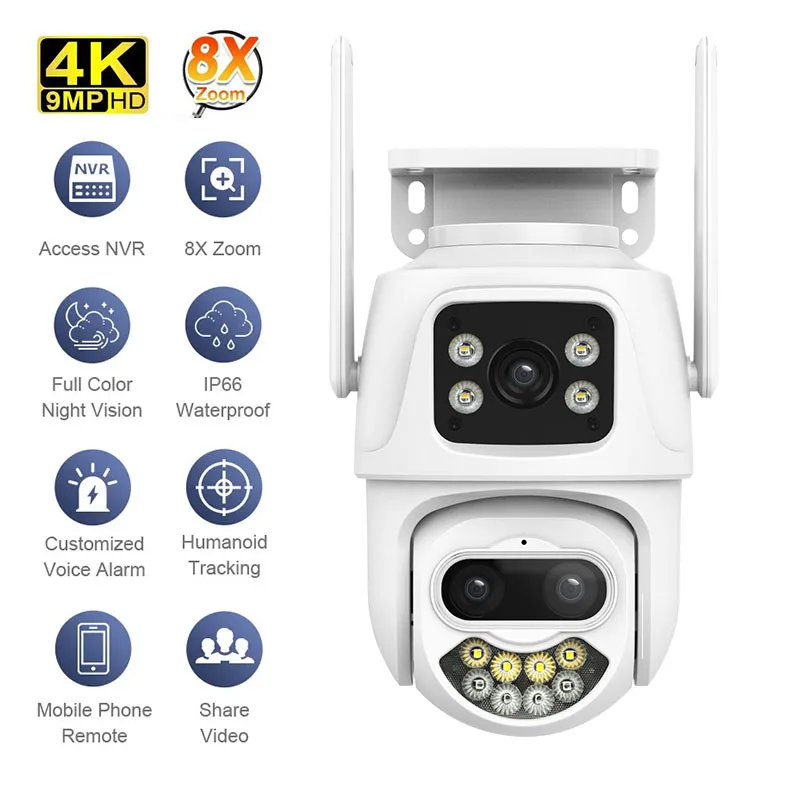 

9MP 4K Three Lens WiFi IP Camera Outdoor 8X Zoom Dual Screens PTZ Cameras Ai Auto Tracking CCTV Full Color Security Cam iCSee