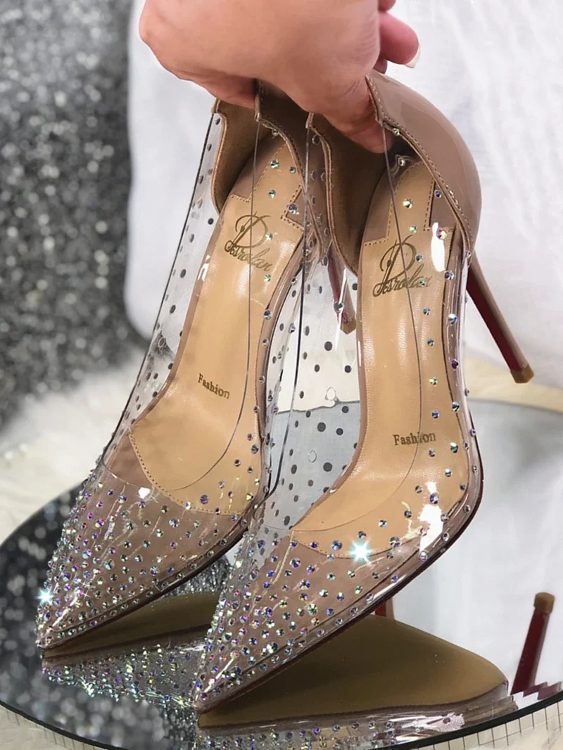 

Summer New Fairy Style Transparent High Heels, Fine Heels, Pointed Water Diamond Crystal Single Shoes, Wedding Shoes