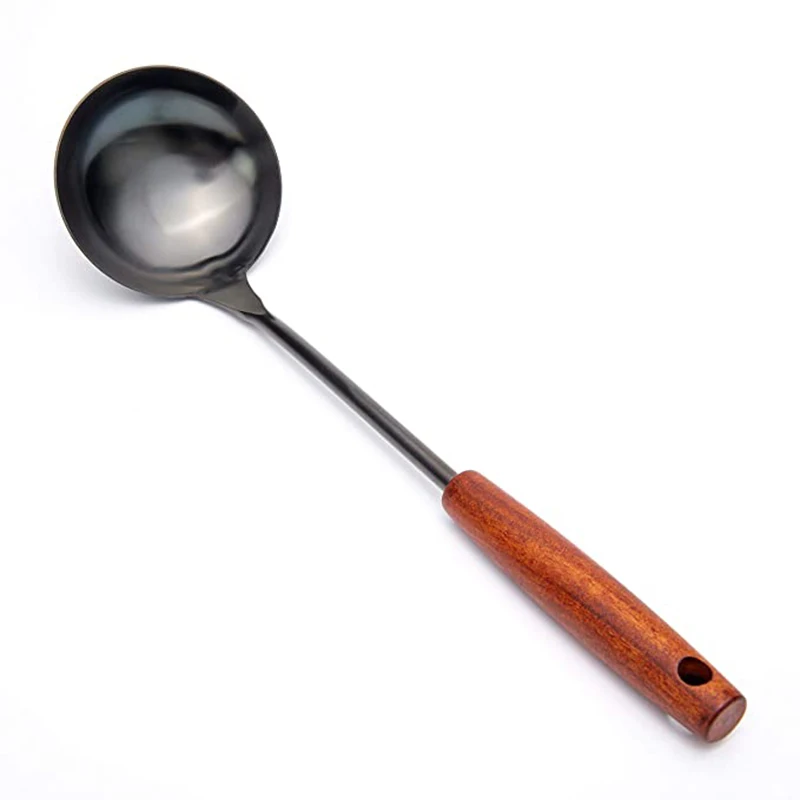 Stainless Steel Solid Turner Soup Spoon, Wok Spatula Ladle with Wooden Handle - Cooking Utensils