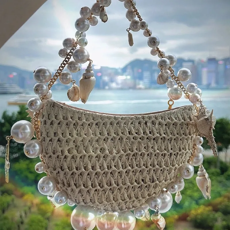 Fresh Sweet Pearls Chain Straw Bag 2024 New Beach Style All-match Handbags Female Purses Niche Designer Fashion Bolsas Mujer