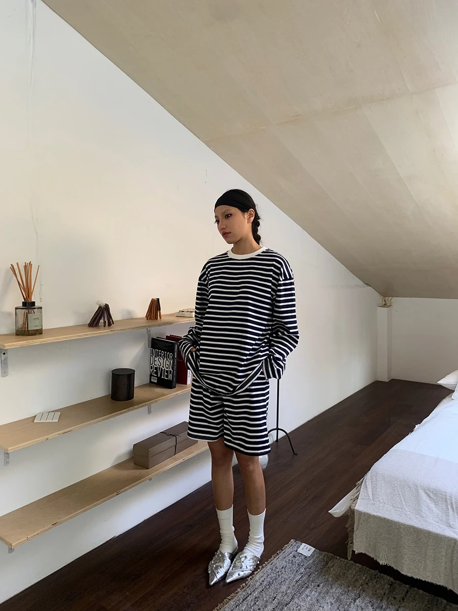 Gogo Burn American Color Block Striped T-Shirt Set Women's Casual Wear Two-Piece Suit Short Sleeve round Neck Pullover