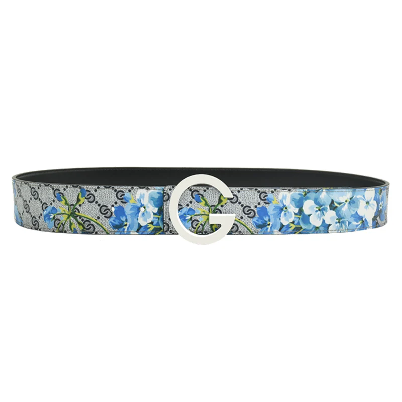 New Fashion Leisure Men Women Leather Belt Smooth G Buckle Wear Casual Pants Jeans Luxury Blue Flower Strap