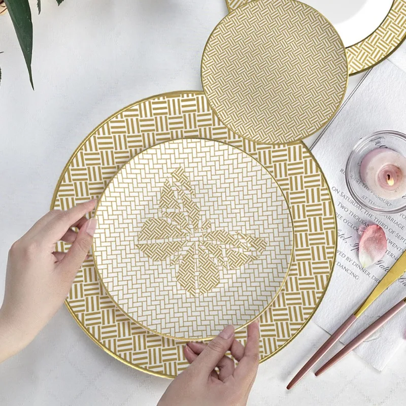 

Luxury Gold Geometric Pattern Porcelain Plate Set Bone Porcelain Plate Hotel Western Steak Plate Dining Table Decor Tableware