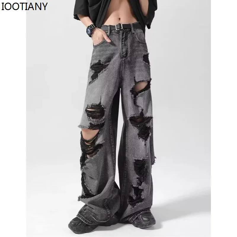 New Black High Waist Unisex Jeans Worn-out American Fashion Vintage Streetwear Wide Leg Trousers Baggy Straight Denim Pants