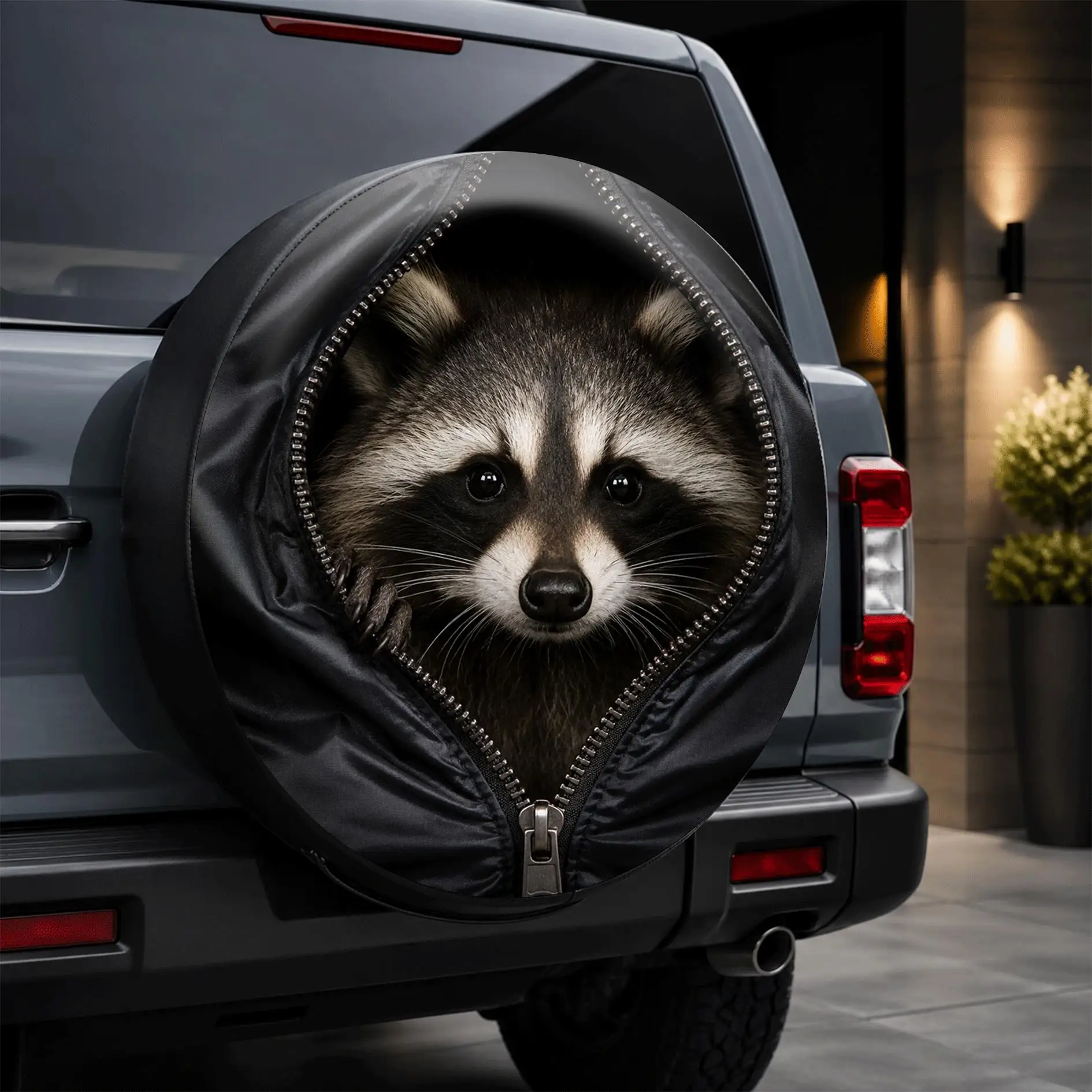 1pc Cute Raccoon Cartoon Printed Car Tire Cover, Fashionable Universal Hub Protector, With Spare Tire Protection Function, Perfe