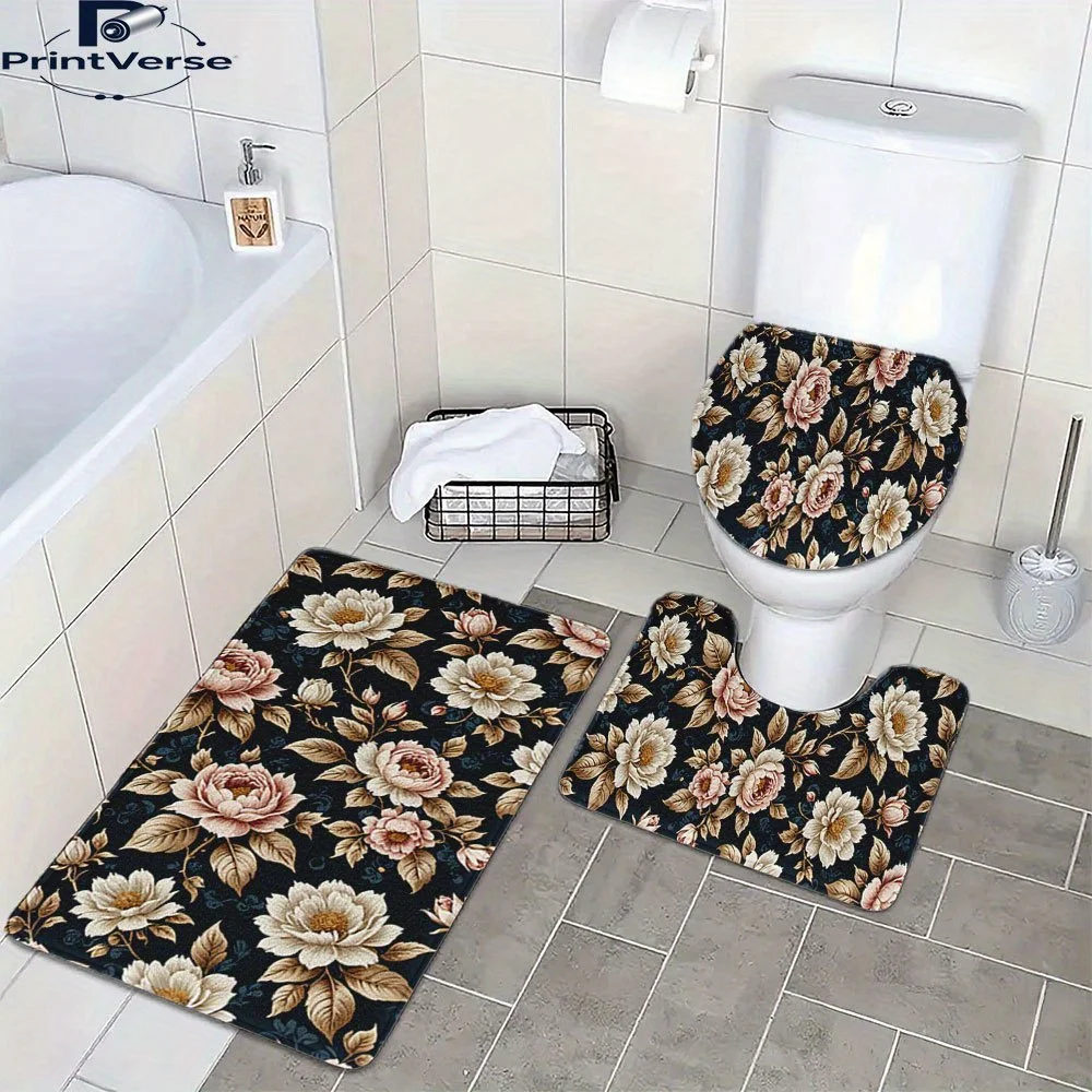 

Набор винтажных ковриков для ванной комнаты с цветочным принтом — элегантный дизайн пиона, можно стирать в машине, нескользящий, полиэстер 95., геометрический узор, Т 0,47 дюйма