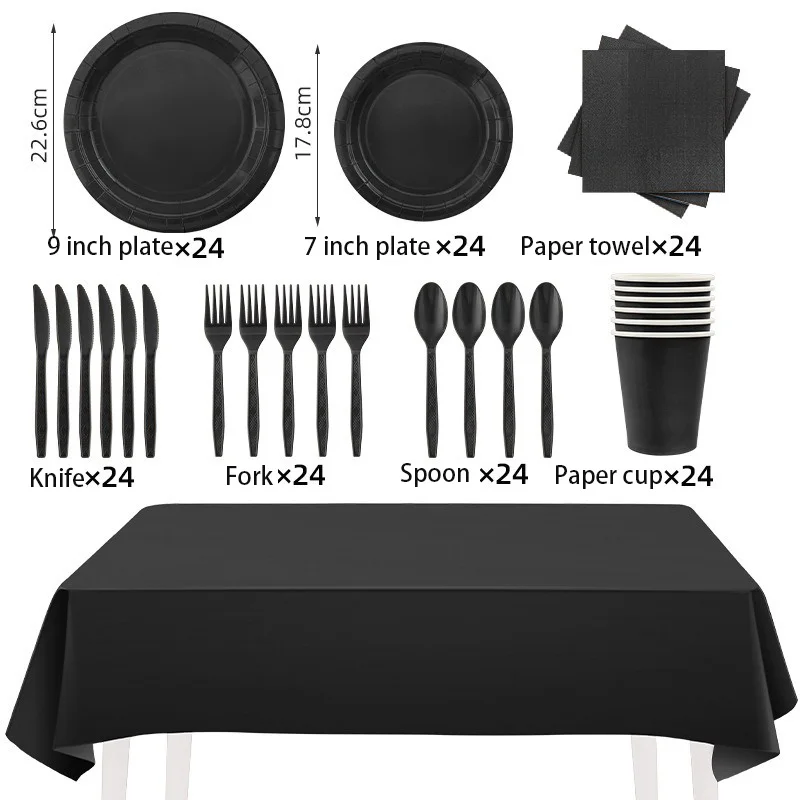 Solid Black Theme Cutlery Birthday Party Paper Disposable Tableware Paper Napkins Cups Plates Tablecloth Fork spoon Party Decor
