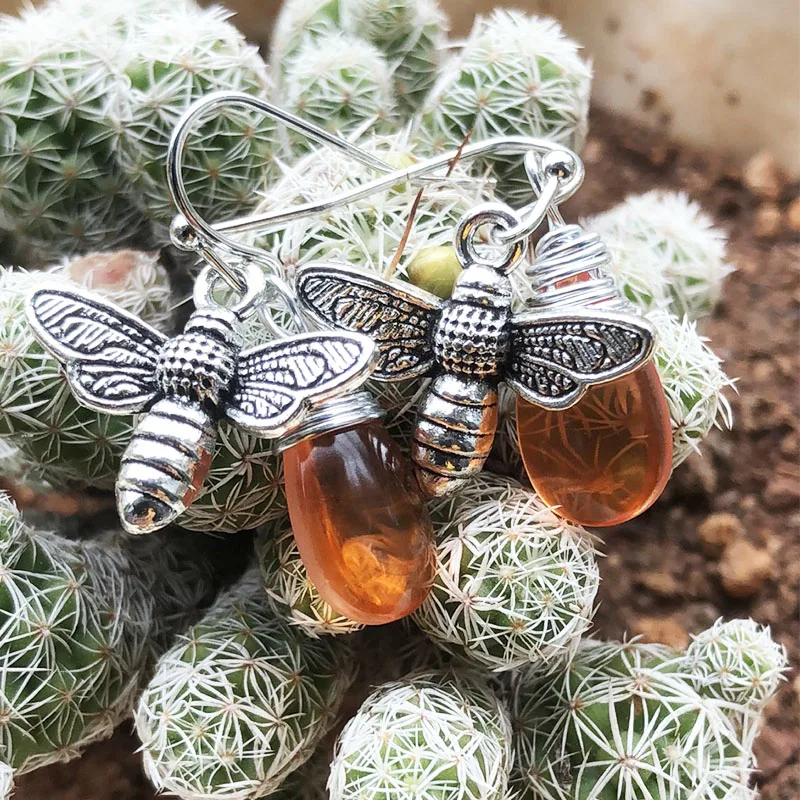 Silver Honey Bee Earrings. Honey Bee Jewelry. Wire Wrapped Drops Honey Amber Earrings