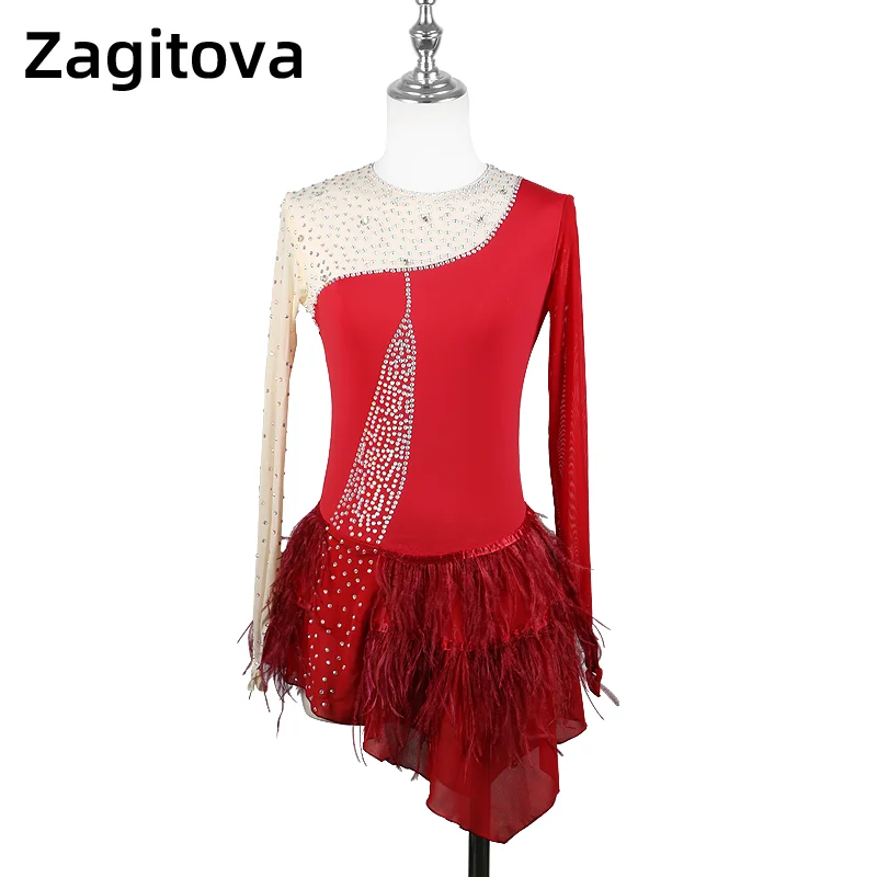 Ice Figure Skating Performance Dress Girls Women\'s Long Sleeves For Latin Dance With Gymnastics Long Skirt Ostrich hair