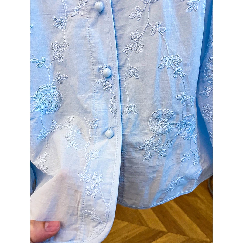 قميص مطرز بالزهور بأكمام طويلة للنساء على الطراز الفرنسي معاطف ذات صدر واحد وطية صدر السترة، ملابس علوية فضفاضة غير رسمية #5