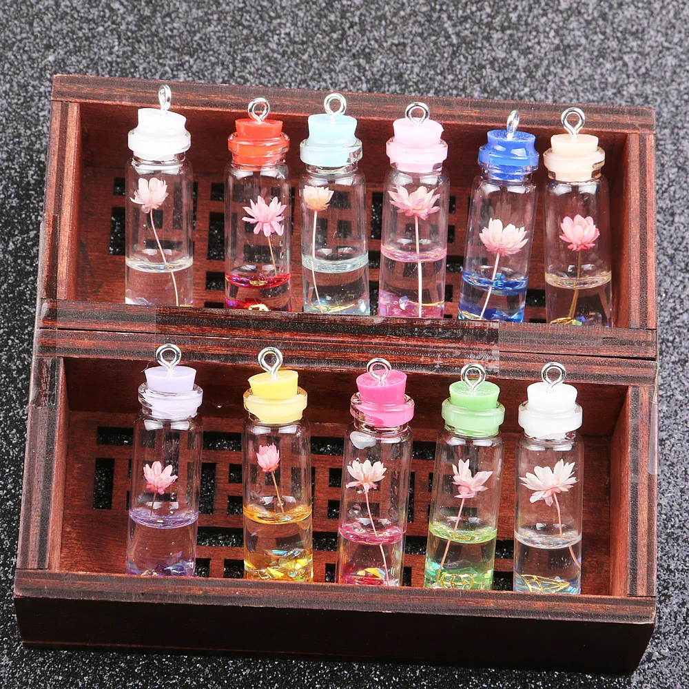 10pcs Wishing Drifting Bottle Pendant Colorful Dried Eternal Flower Glass Charms Jewelry Making DIY Necklace Earring Accessories