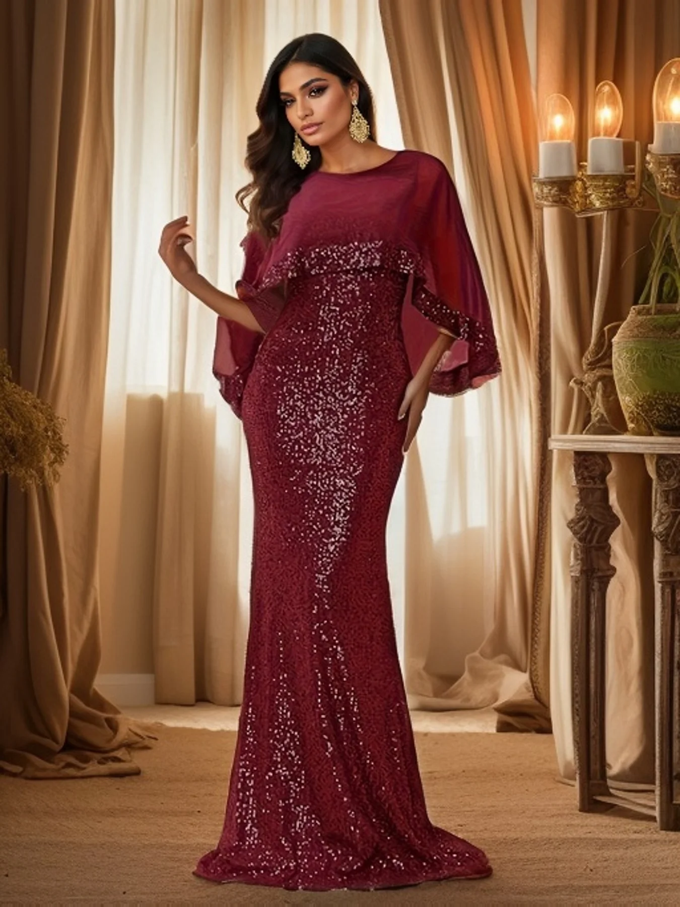 Arabic Women Evening Party Dress O Neck Cape Sleeve Sequin Stretchy Black Floor Length Formal Wedding Dresses Prom Gown 2025