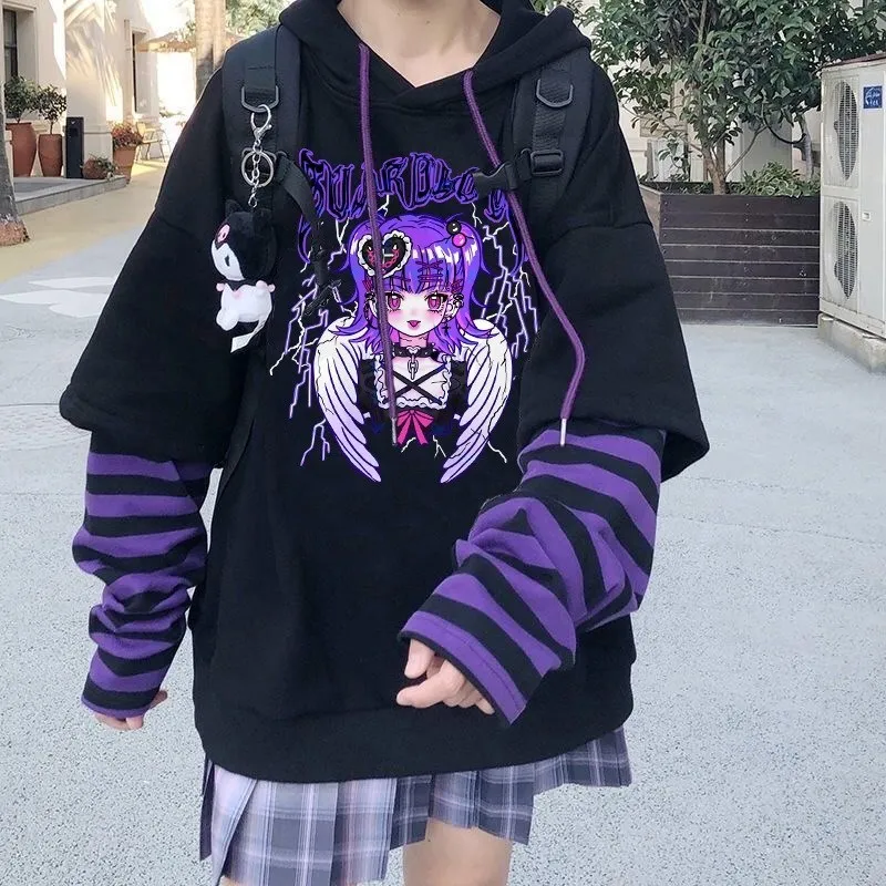 Goth Punk błyskawica anioł bluza z kapturem imitacja dwuczęściowej bluzy z kapturem w paski patchworkowe bluzy z kapturem damskie 2022 Gothic