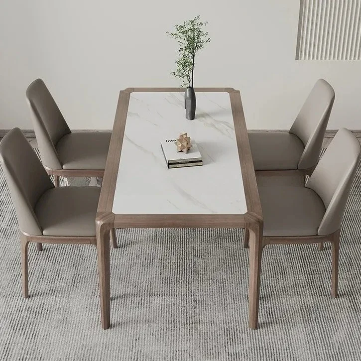 TQH7.2  Solid Wood Ash Rectangular Inlaid Rock Board Dining Table Modern Minimalist Small Apartment Dining Table and Chair Set