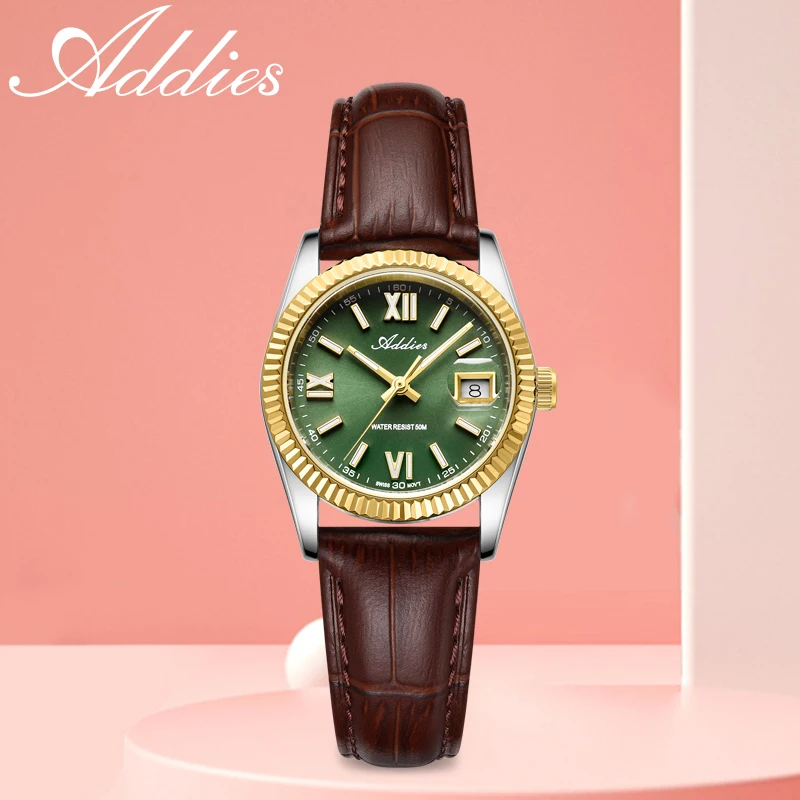 ADDIES Date Display Ladies Quartz Watch 50M Waterproof BGW9 Luminous Sapphire Glass Watches 28mm 316L Stainless Steel Wristwatch