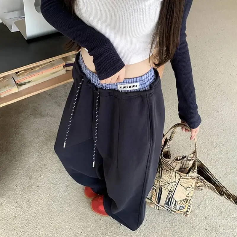 

Fake Two Piece Wide Leg Pants Women Autumn Winter Contrast Color Patchwork Baggy Sweatpants Woman Ins Street Joggers Trousers