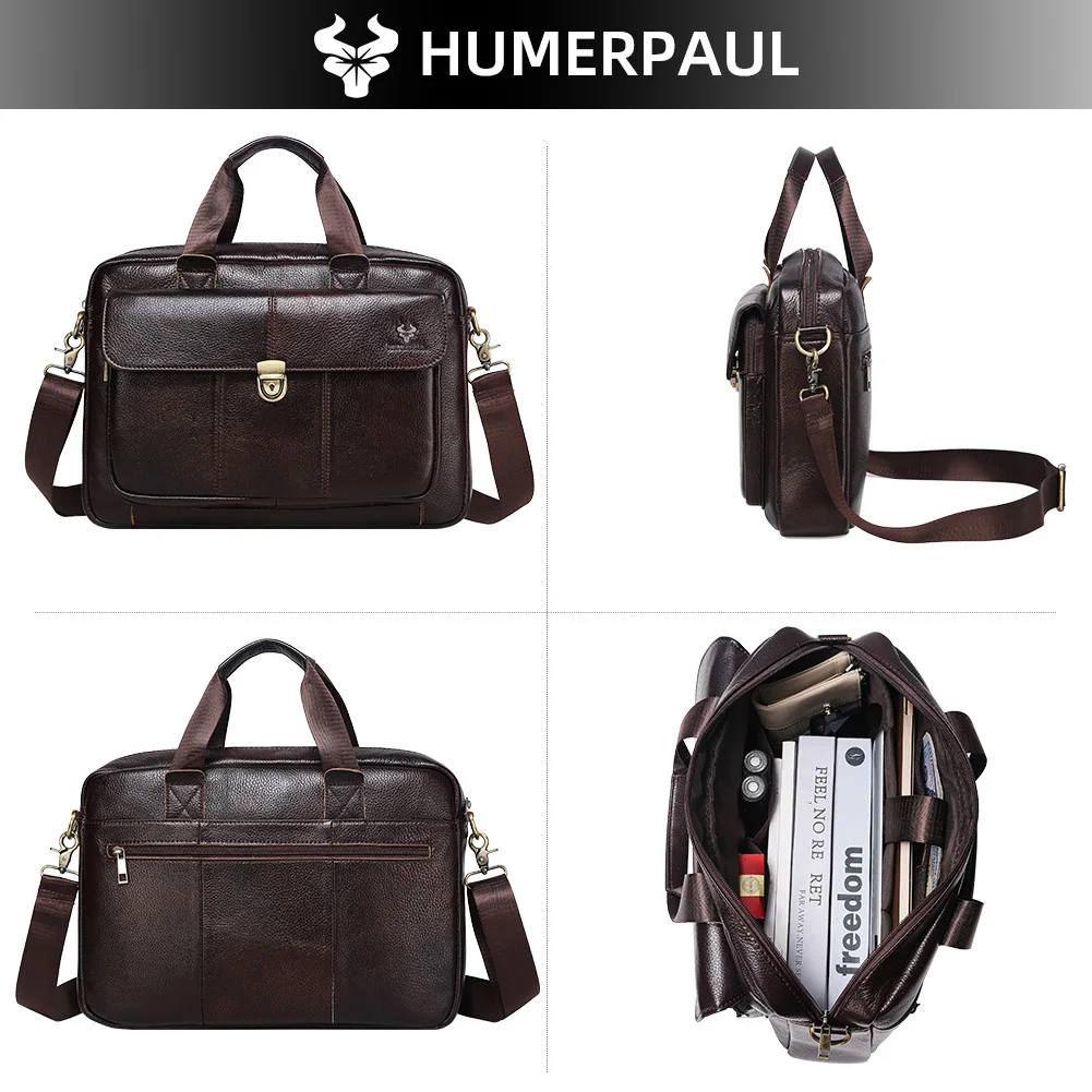 HUMERPAUL ผู้ชายหนังแท้ 15 นิ้วแล็ปท็อปกระเป๋าเอกสารกระเป๋าถือมัลติฟังก์ชั่ธุรกิจกระเป๋าสําหรับคอมพิวเตอร์ผู้ชาย Satchel กระเป๋า