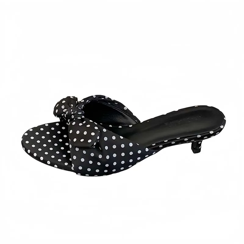 

White Sandals Woman Low Heels Slippers Summer Polka Dots Bow Shoes For Ladies 2026 Black Sandals Comfort Kitten Heels Slippers