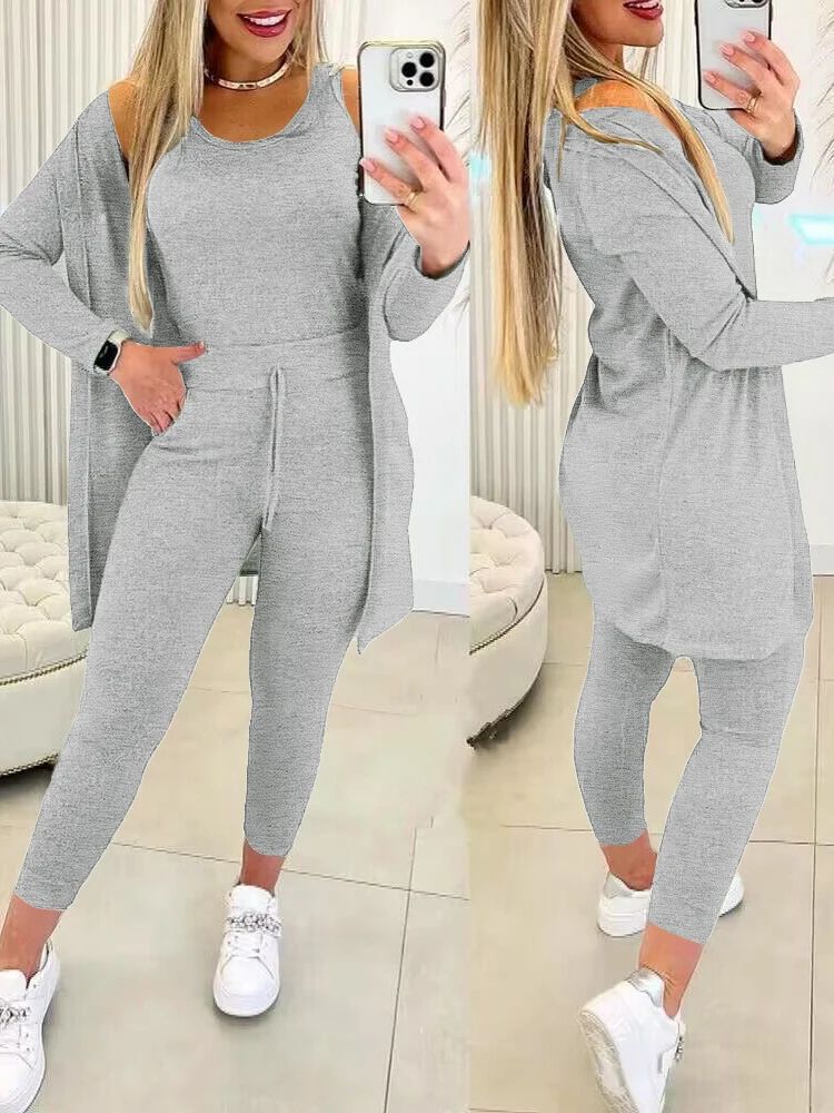 Fall Three Piece Set 2023 Casual Tank Top & Drawstring Pants Set & Coat Pants Sets Women Suits Long Matching 3 Pieces Sportwear