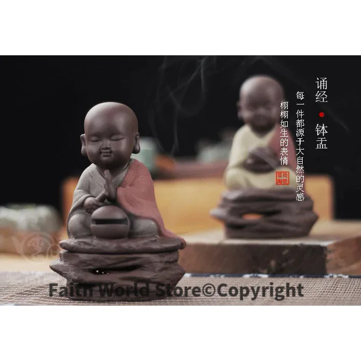 Original # TOP collector's edition ceramic ART -Zen Buddha Little Monk incense color pottery ART + free box santal incense