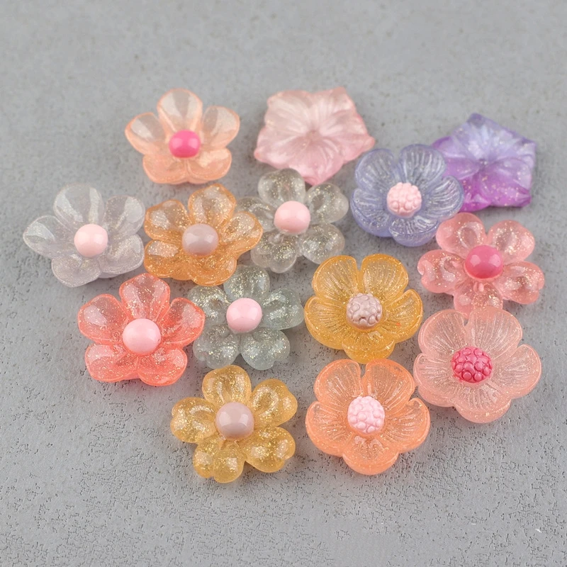 20Pcs Mixed Resin Flower Cabochons Flatback Craft DIY Nail Jewelry Phone Decoration No Hole for Scrapbooking Glittering Sakura